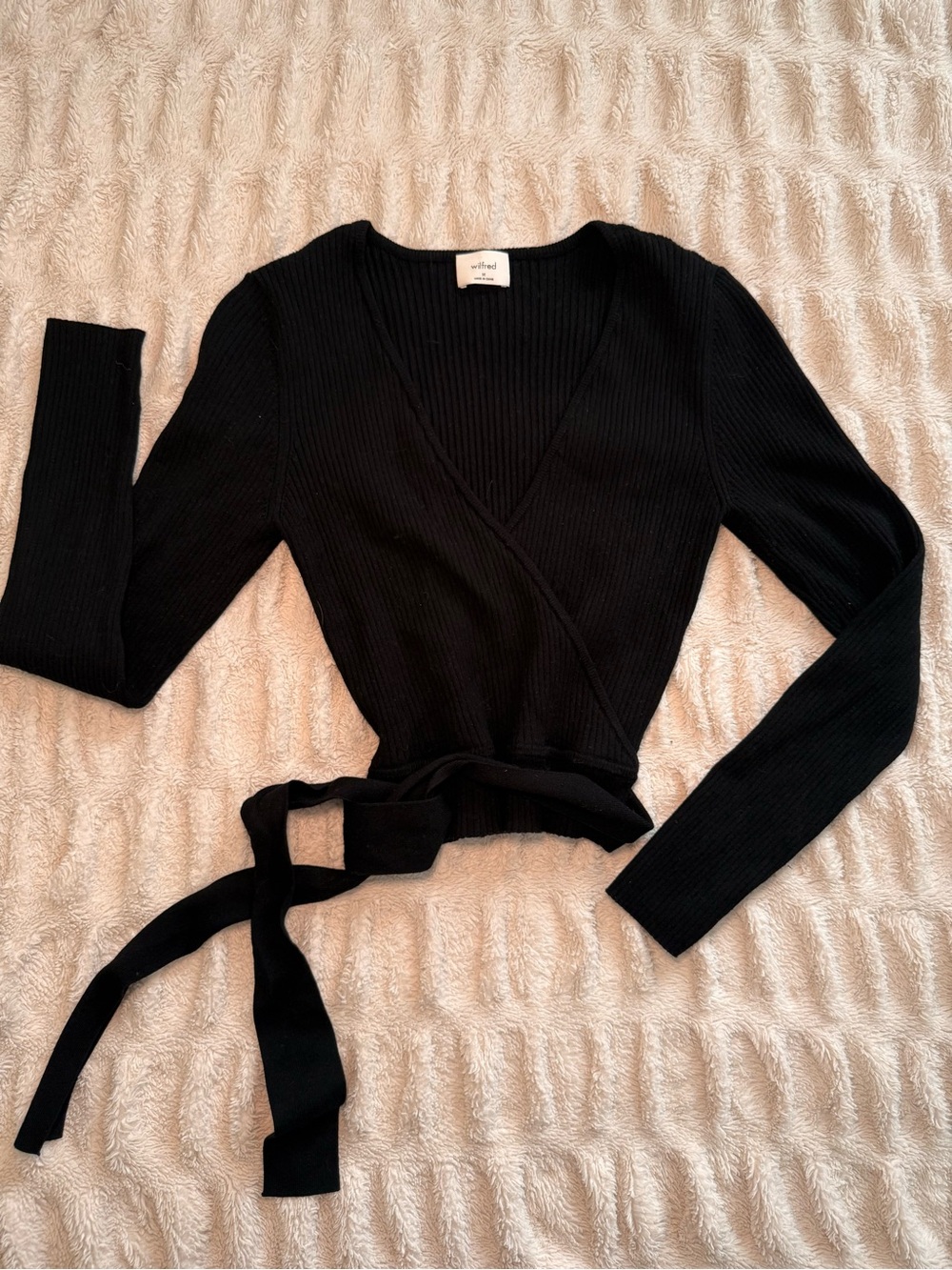 Aritzia Wilfred Black Ribbed Wrap Sweater Top Size M - Picture 3 of 10